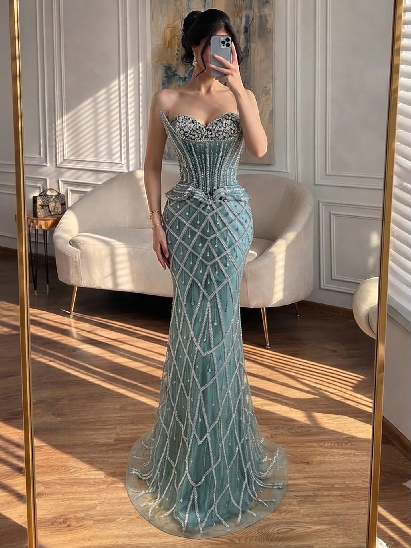 Luxury Nude Crystal Beaded Strapless Peplum Mermaid Dress LA73400B