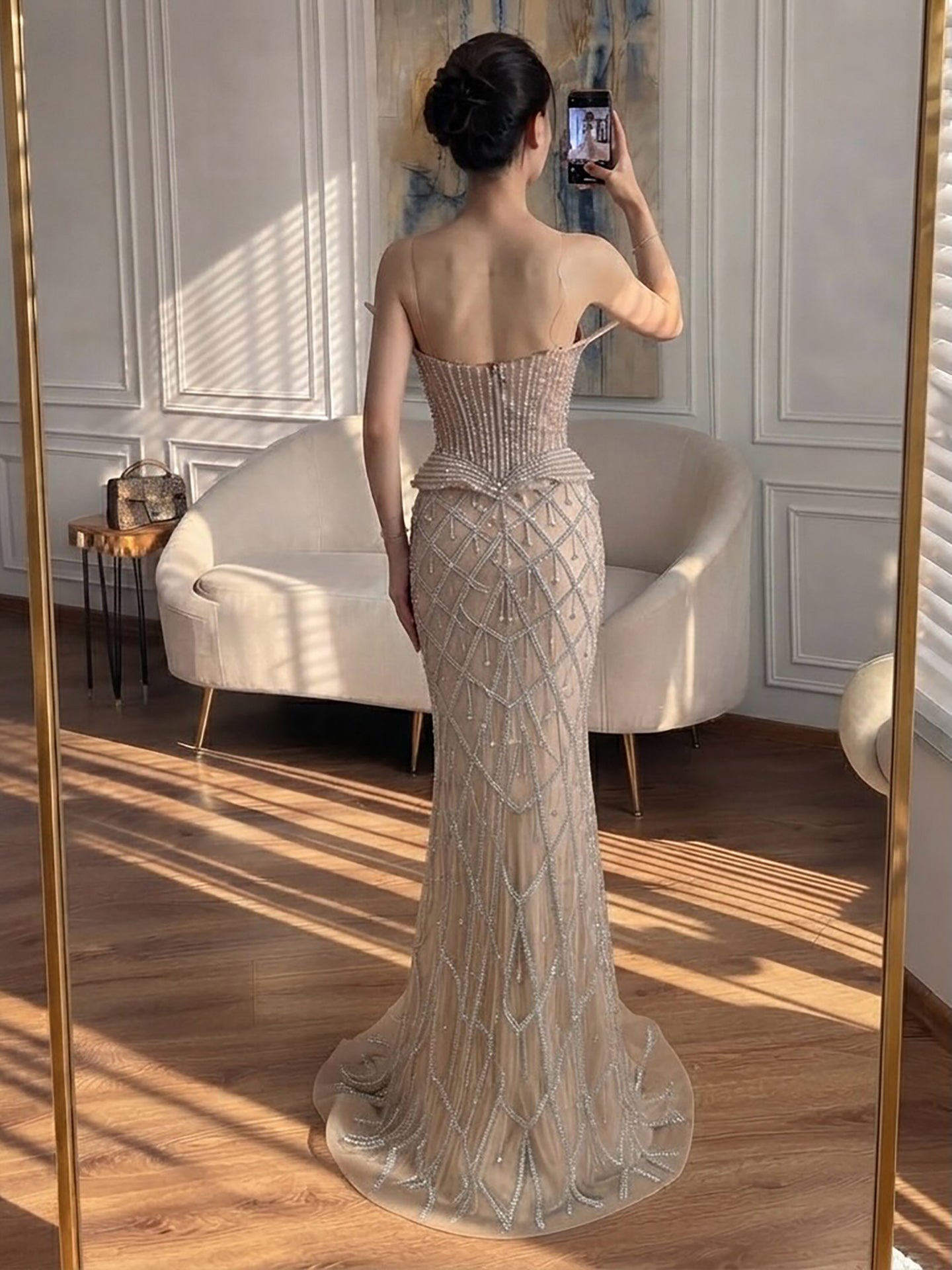 Luxury Nude Crystal Beaded Strapless Peplum Mermaid Dress LA73400B