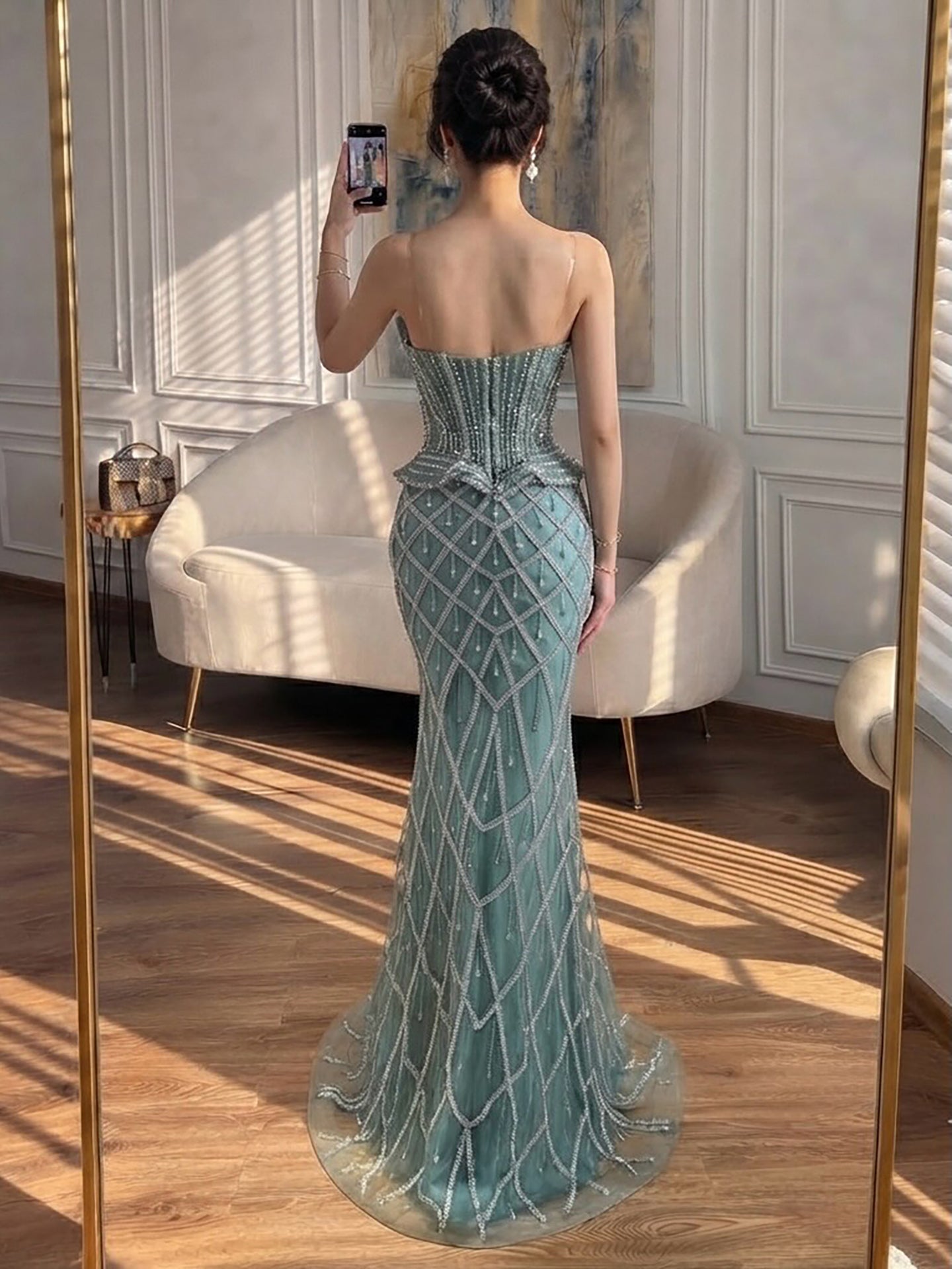 Luxury Nude Crystal Beaded Strapless Peplum Mermaid Dress LA73400B