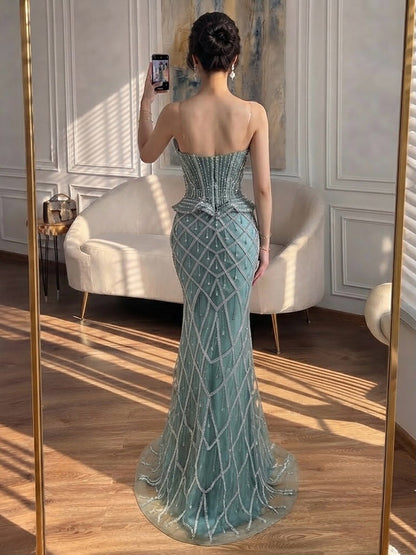 Luxury Nude Crystal Beaded Strapless Peplum Mermaid Dress LA73400B