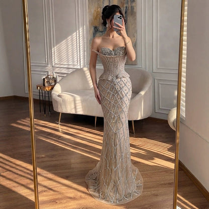 Luxury Nude Crystal Beaded Strapless Peplum Mermaid Dress LA73400B