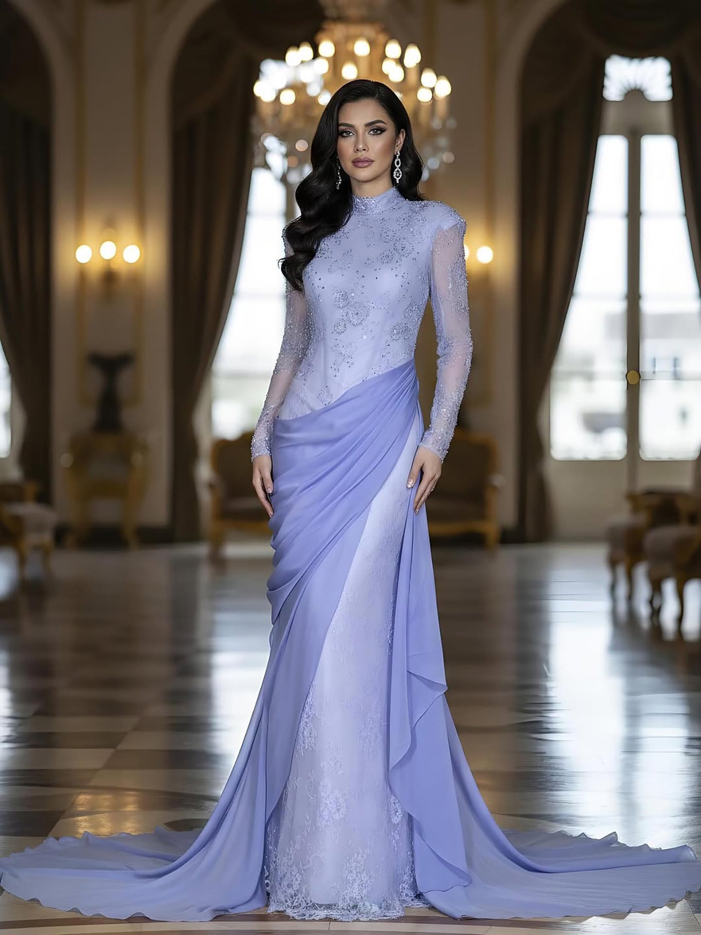 Luxury Lilac High Neck Long Sleeves Beaded Mermaid Evening Dress LA73407