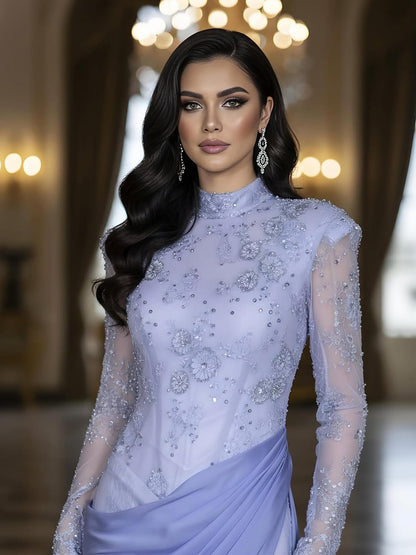 Luxury Lilac High Neck Long Sleeves Beaded Mermaid Evening Dress LA73407