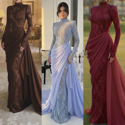 Luxury Lilac High Neck Long Sleeves Beaded Mermaid Evening Dress LA73407