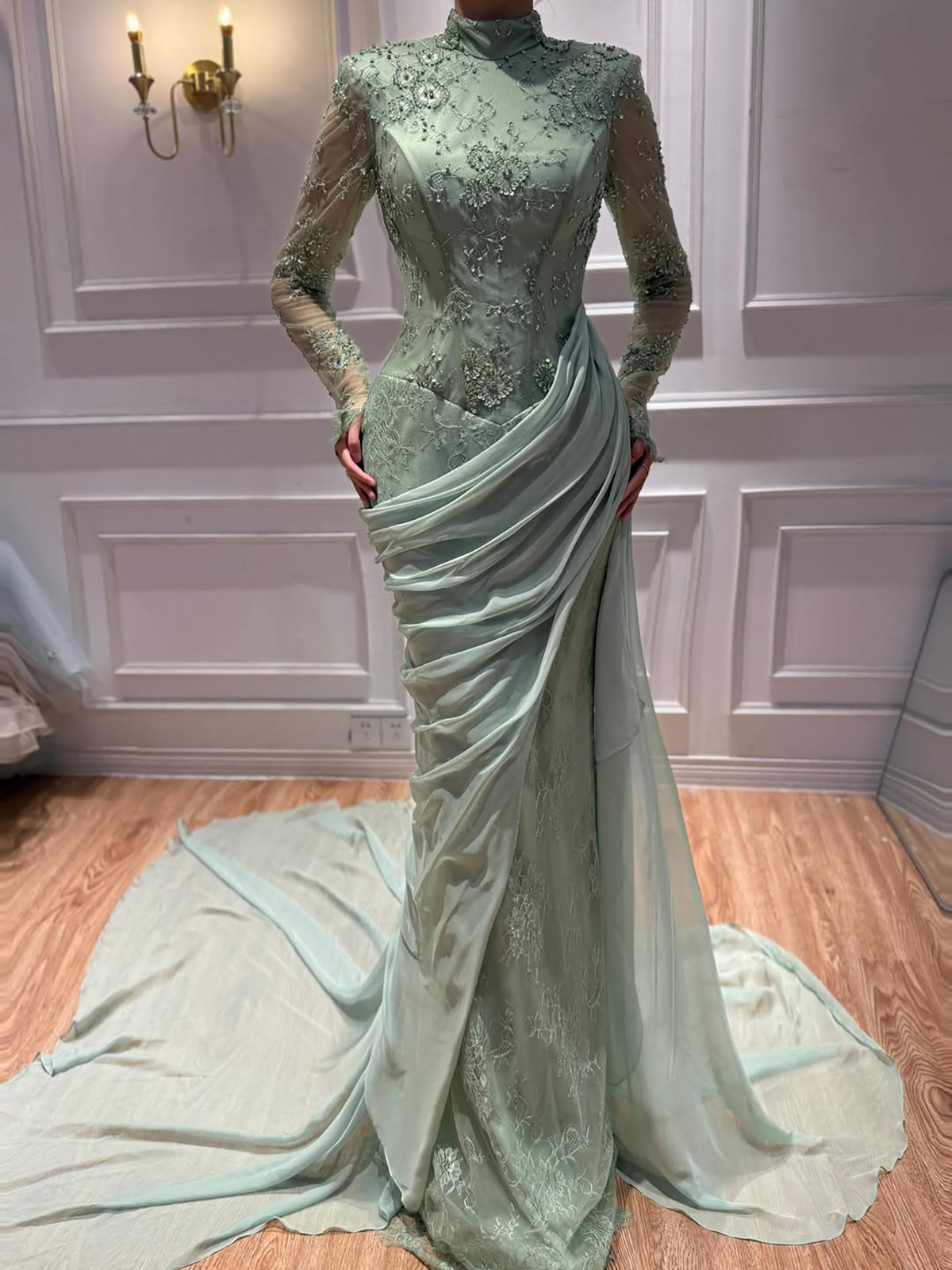 Luxury Lilac High Neck Long Sleeves Beaded Mermaid Evening Dress LA73407