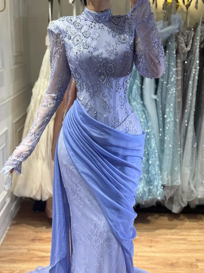 Luxury Lilac High Neck Long Sleeves Beaded Mermaid Evening Dress LA73407
