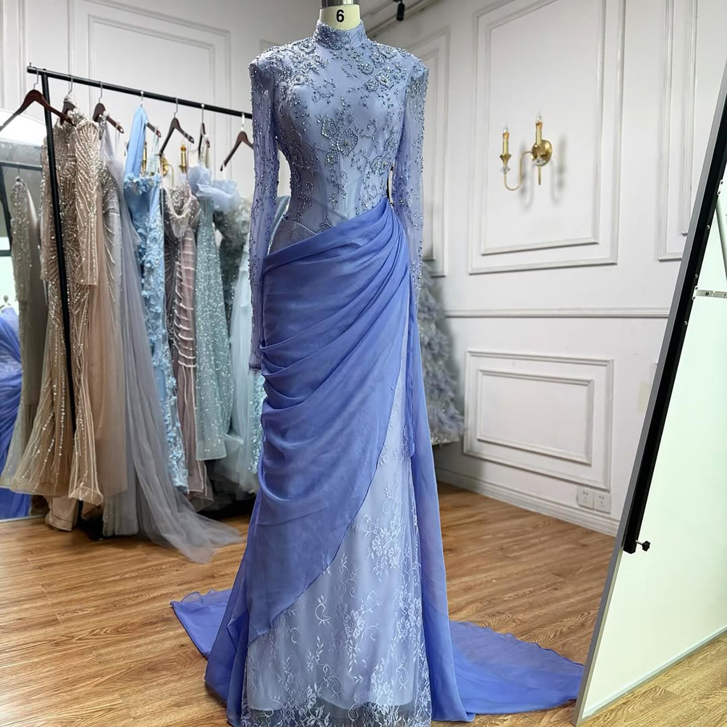 Luxury Lilac High Neck Long Sleeves Beaded Mermaid Evening Dress LA73407