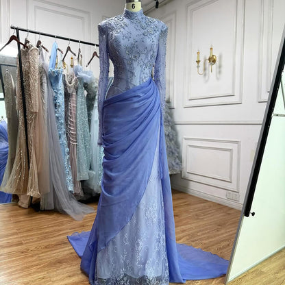 Luxury Lilac High Neck Long Sleeves Beaded Mermaid Evening Dress LA73407