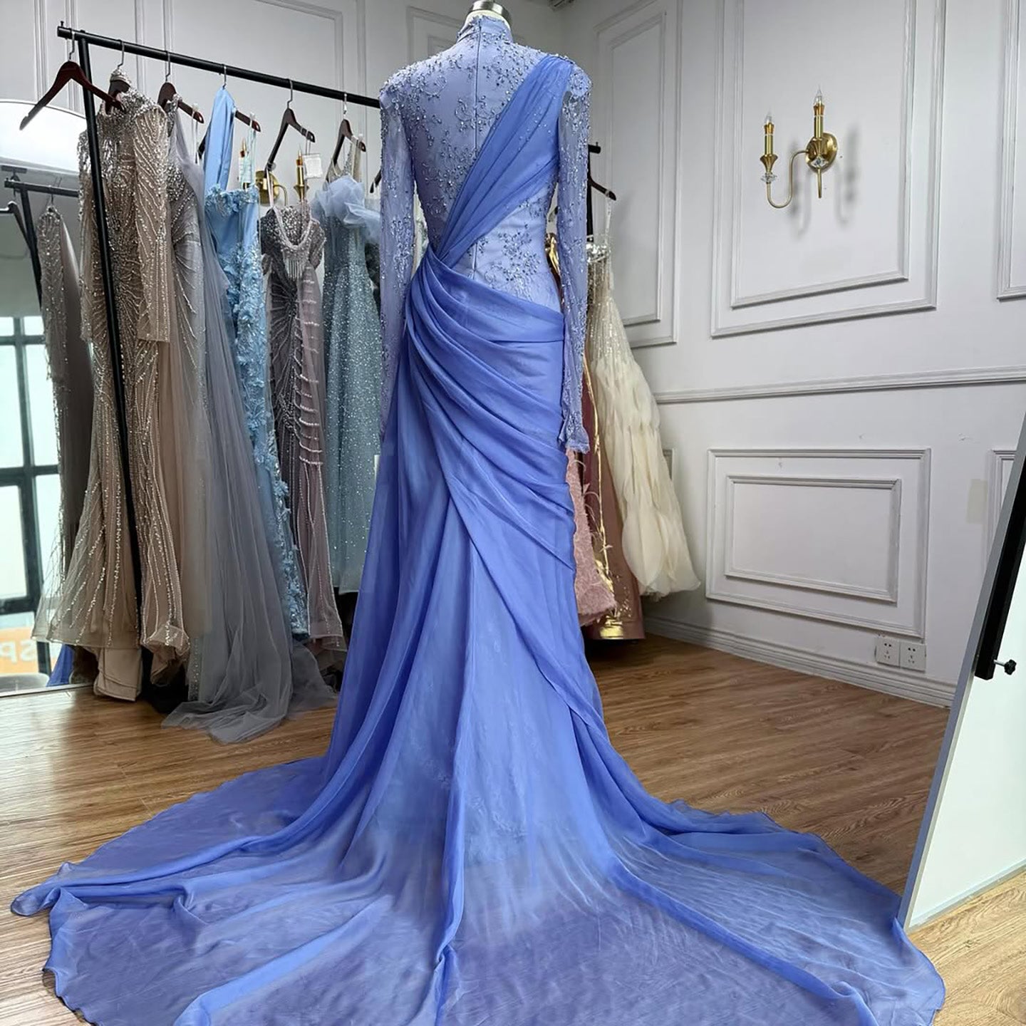 Luxury Lilac High Neck Long Sleeves Beaded Mermaid Evening Dress LA73407