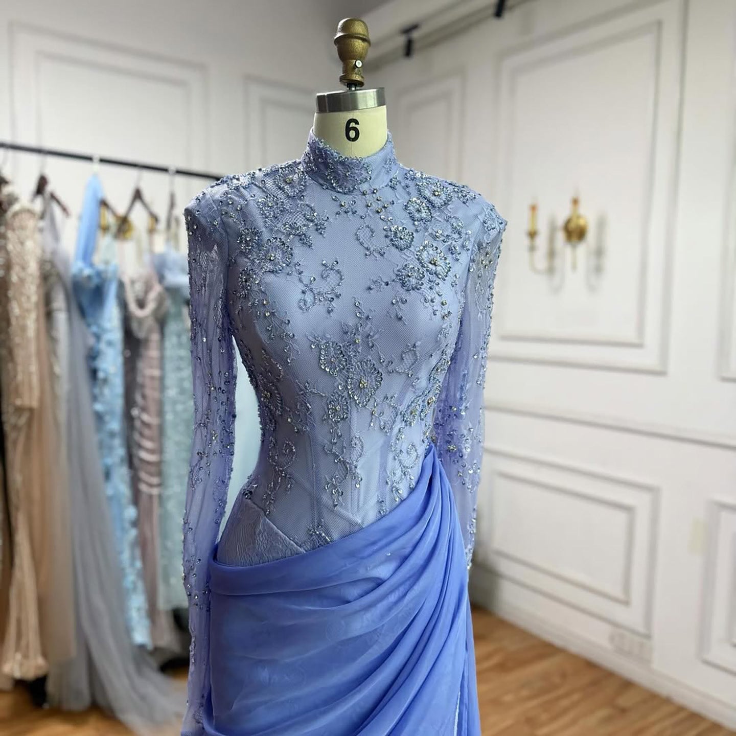 Luxury Lilac High Neck Long Sleeves Beaded Mermaid Evening Dress LA73407