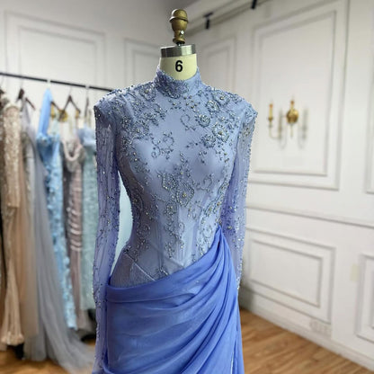 Luxury Lilac High Neck Long Sleeves Beaded Mermaid Evening Dress LA73407