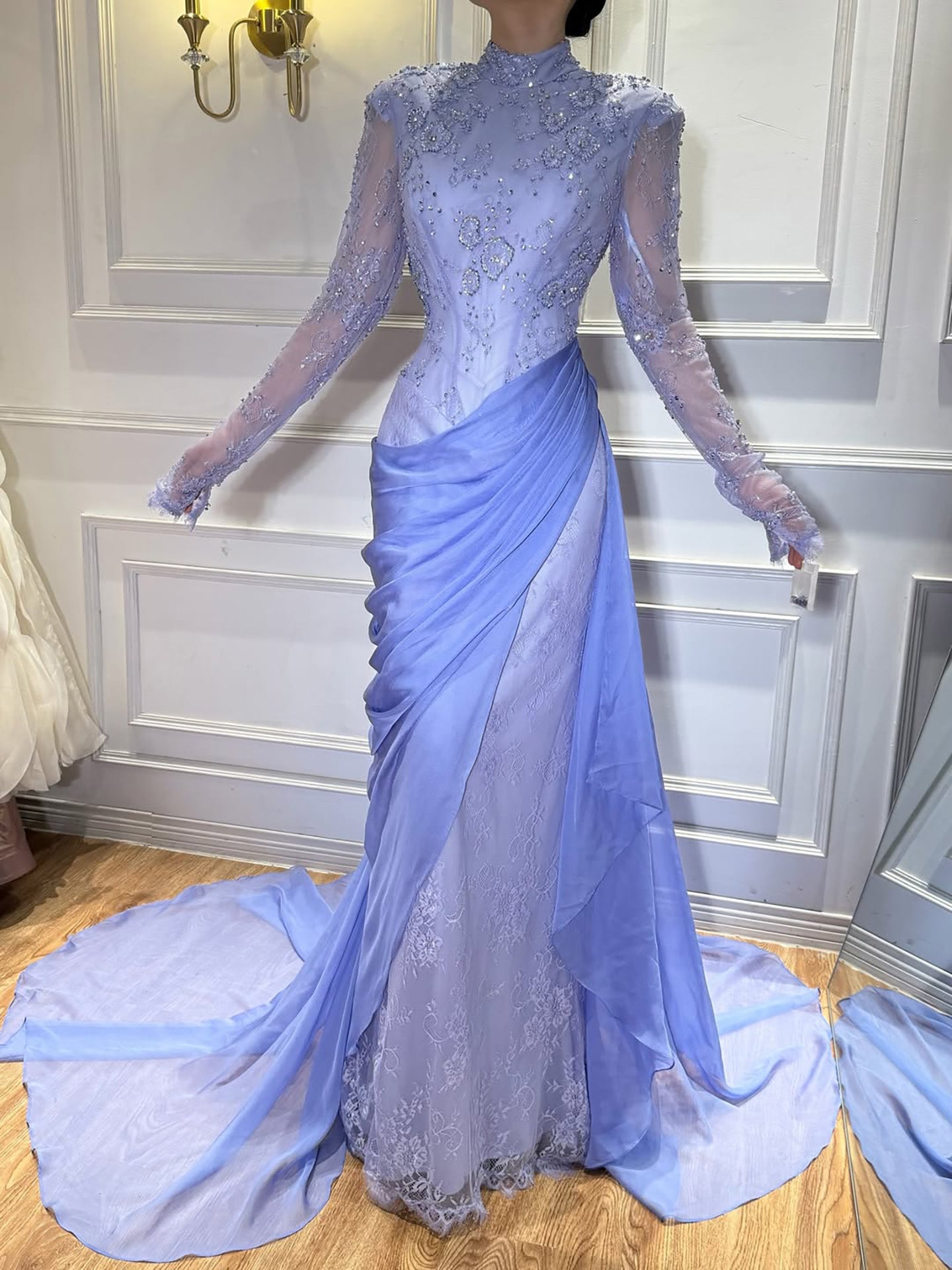 Luxury Lilac High Neck Long Sleeves Beaded Mermaid Evening Dress LA73407