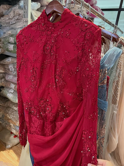 Luxury Lilac High Neck Long Sleeves Beaded Mermaid Evening Dress LA73407