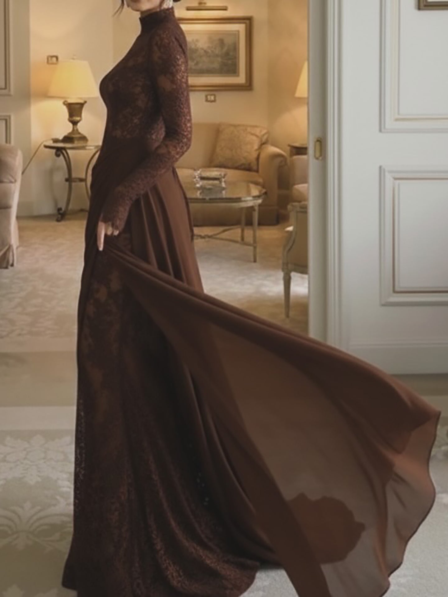 Luxury Lilac High Neck Long Sleeves Beaded Mermaid Evening Dress LA73407