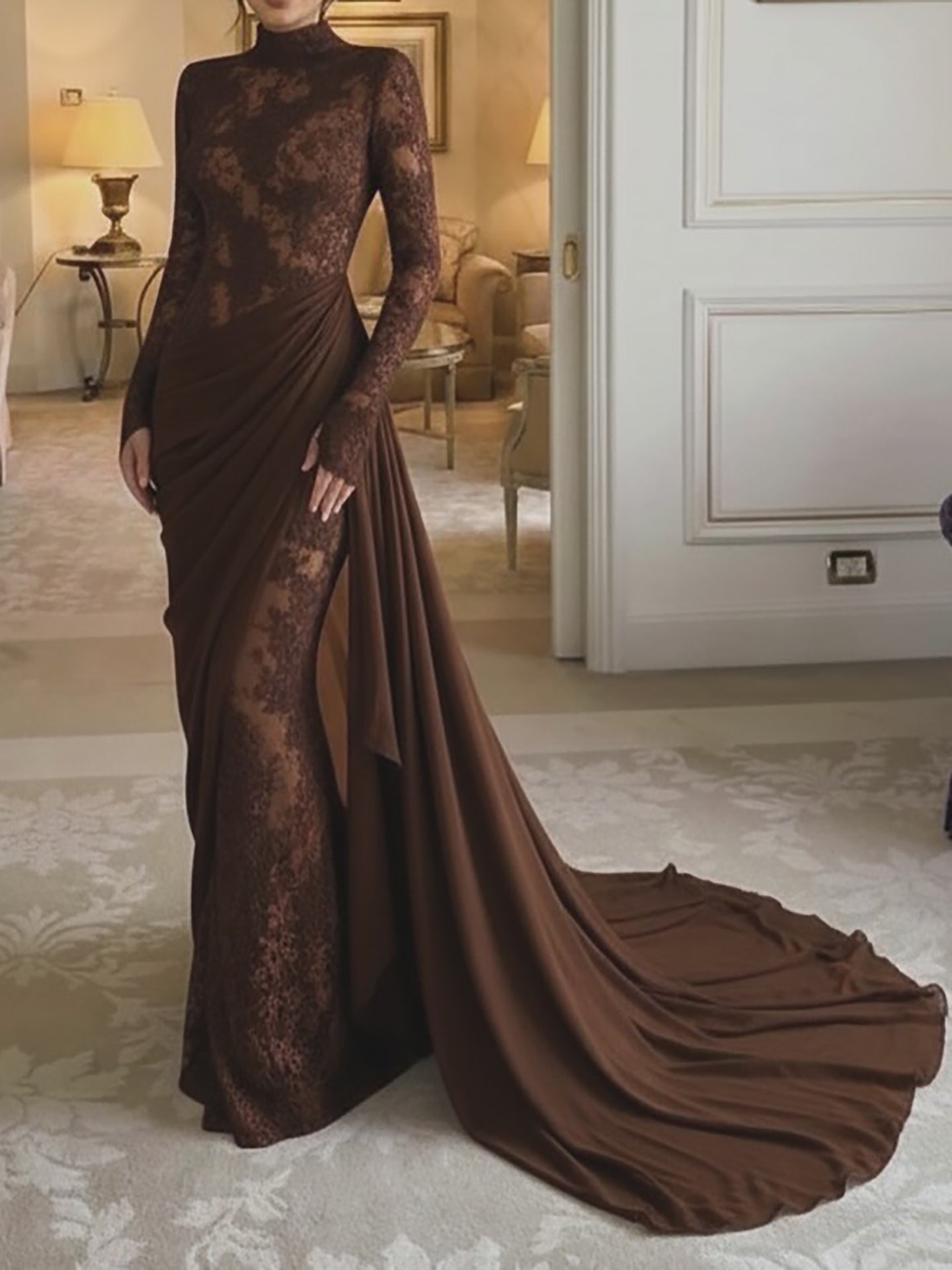 Luxury Lilac High Neck Long Sleeves Beaded Mermaid Evening Dress LA73407