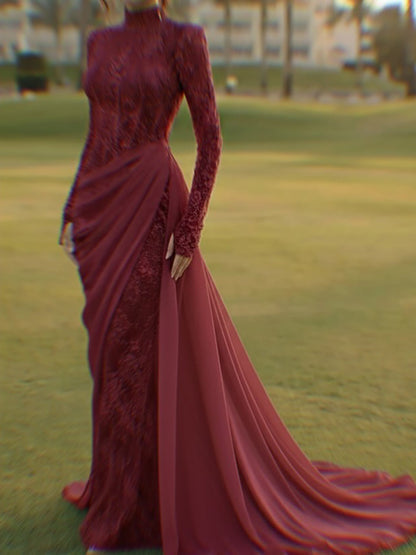 Luxury Lilac High Neck Long Sleeves Beaded Mermaid Evening Dress LA73407