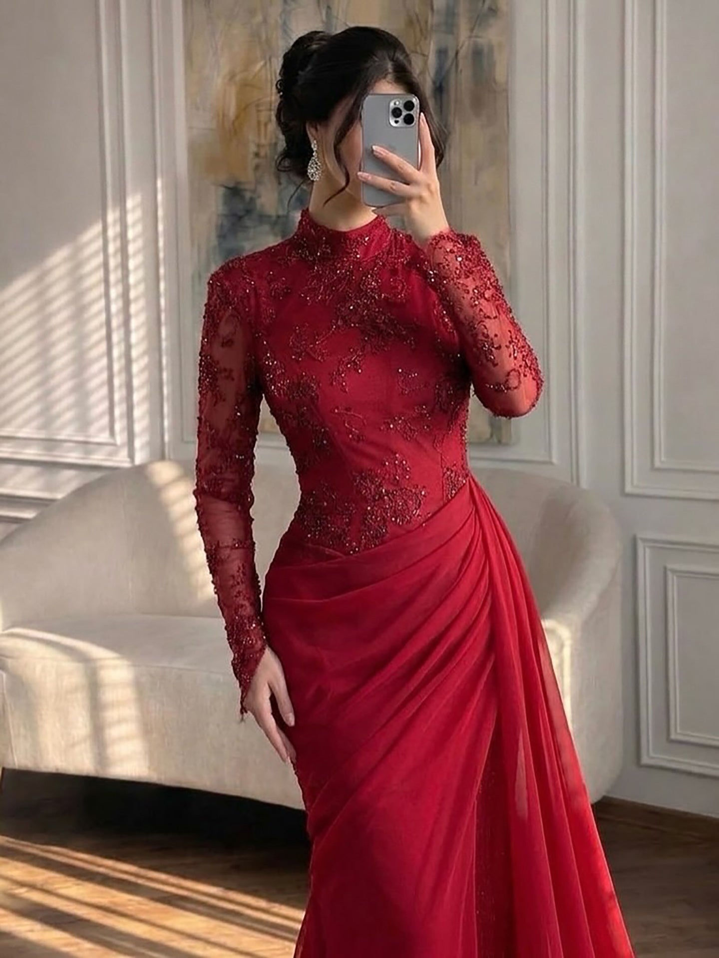 Luxury Lilac High Neck Long Sleeves Beaded Mermaid Evening Dress LA73407