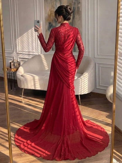 Luxury Lilac High Neck Long Sleeves Beaded Mermaid Evening Dress LA73407