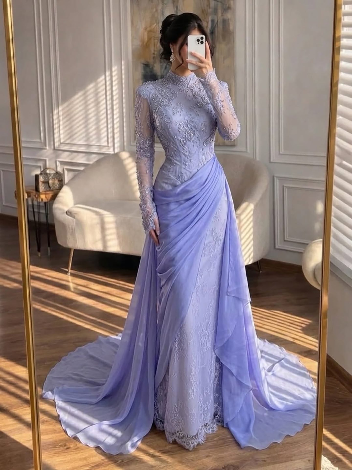 Luxury Lilac High Neck Long Sleeves Beaded Mermaid Evening Dress LA73407
