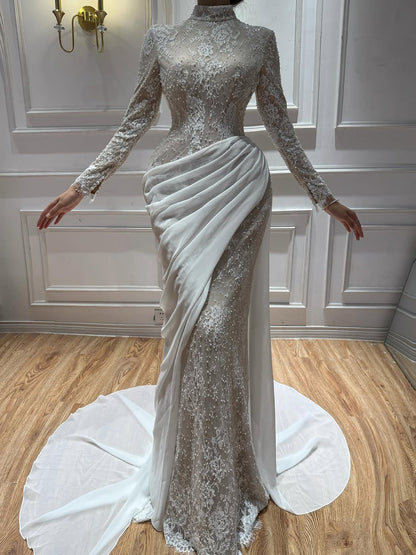 Luxury White Nude High Neck Beaded Mermaid Evening Dress LA73407A