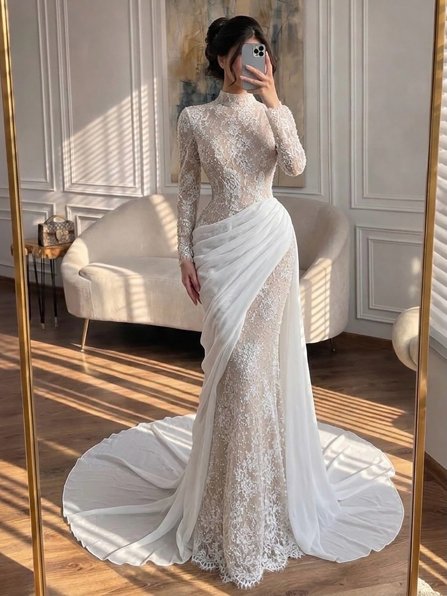 Luxury White Nude High Neck Beaded Mermaid Evening Dress LA73407A