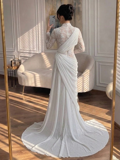 Luxury White Nude High Neck Beaded Mermaid Evening Dress LA73407A