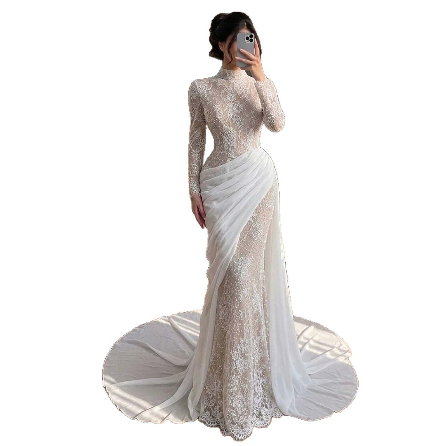 Luxury White Nude High Neck Beaded Mermaid Evening Dress LA73407A