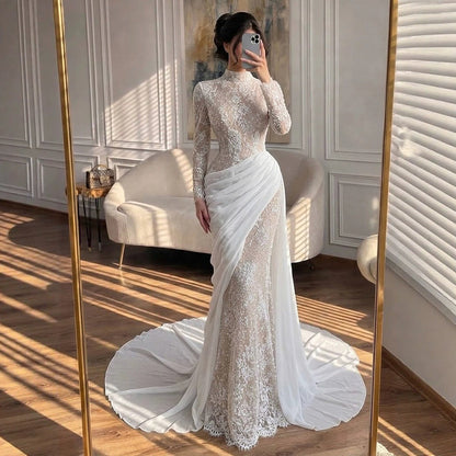 Luxury White Nude High Neck Beaded Mermaid Evening Dress LA73407A