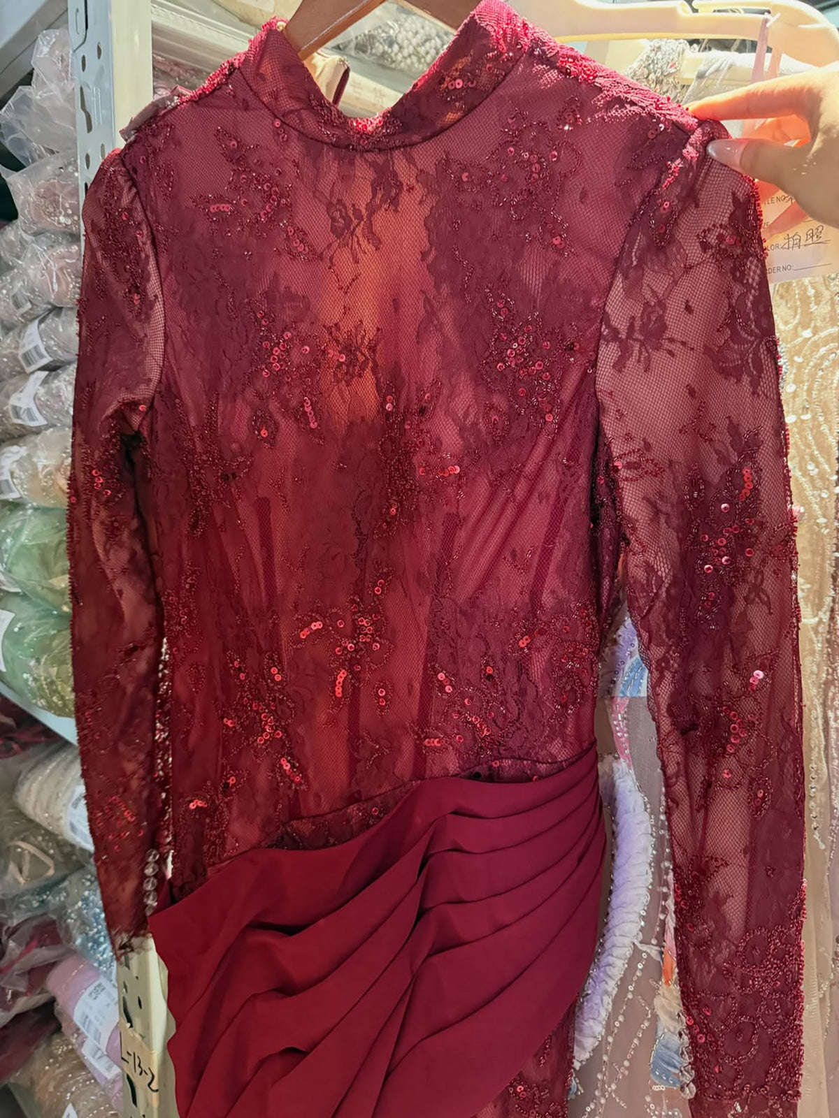 Luxury Wine Red High Neck Beaded Lace Mermaid Evening Dress LA73407B