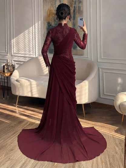 Luxury Wine Red High Neck Beaded Lace Mermaid Evening Dress LA73407B