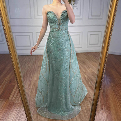Luxury Turquoise Strapless Beaded Mermaid Evening Dress With Skirt LA73409