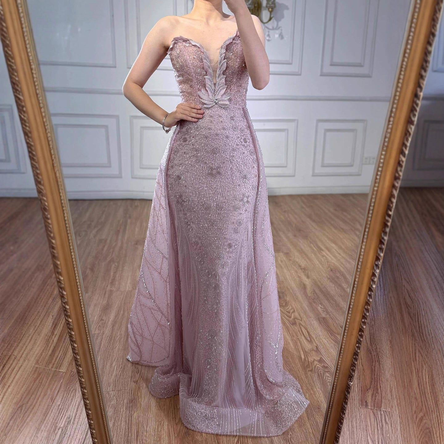 Luxury Turquoise Strapless Beaded Mermaid Evening Dress With Skirt LA73409