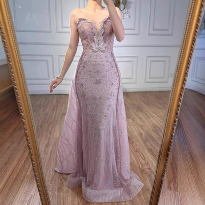 Luxury Turquoise Strapless Beaded Mermaid Evening Dress With Skirt LA73409