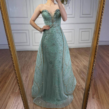 Luxury Turquoise Strapless Beaded Mermaid Evening Dress With Skirt LA73409