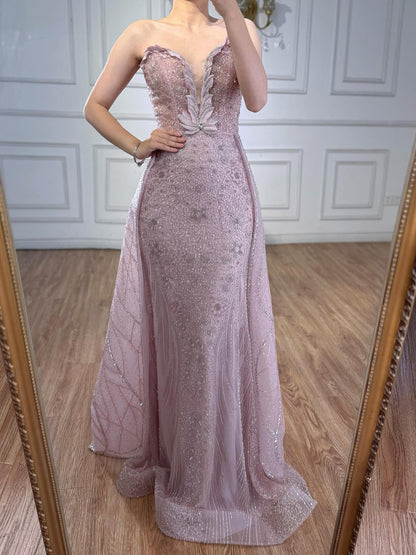Luxury Turquoise Strapless Beaded Mermaid Evening Dress With Skirt LA73409