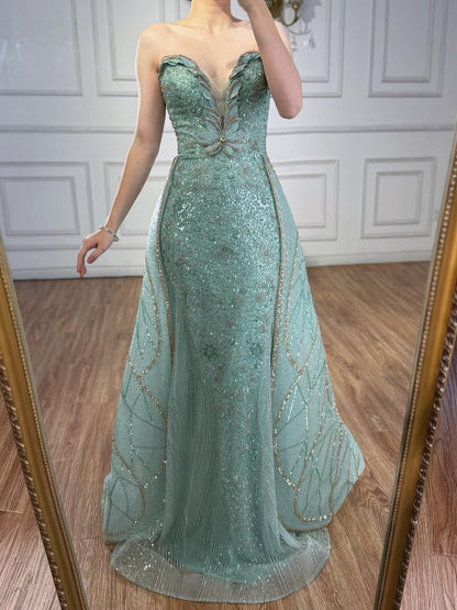Luxury Turquoise Strapless Beaded Mermaid Evening Dress With Skirt LA73409