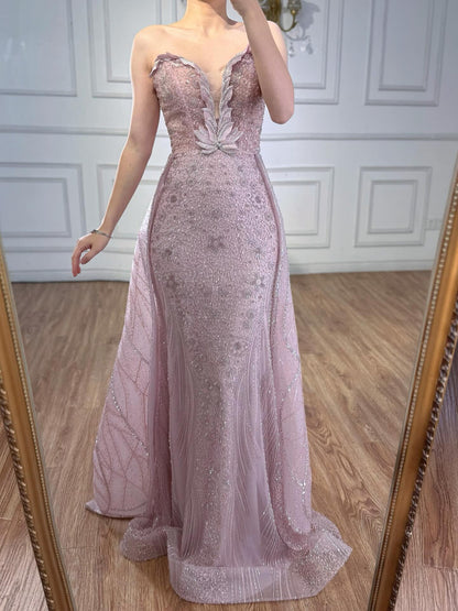 Luxury Turquoise Strapless Beaded Mermaid Evening Dress With Skirt LA73409