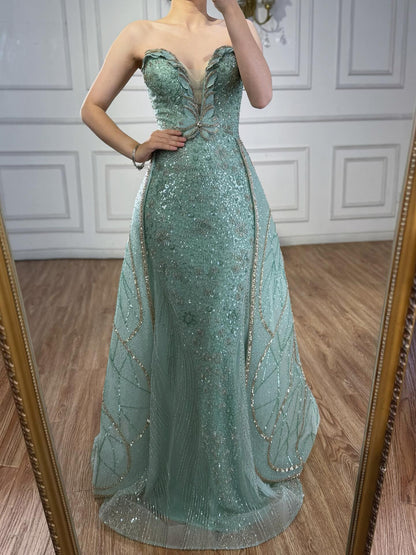 Luxury Turquoise Strapless Beaded Mermaid Evening Dress With Skirt LA73409