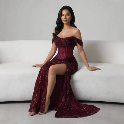 Luxury Silver Diamond Corset Off Shoulder Mermaid Evening Dress LA73410