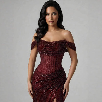 Luxury Silver Diamond Corset Off Shoulder Mermaid Evening Dress LA73410