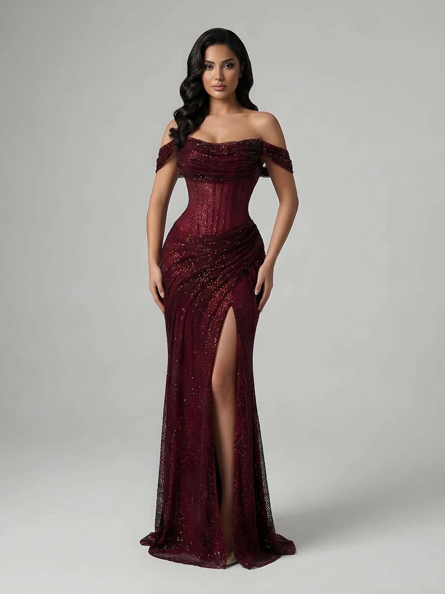 Luxury Silver Diamond Corset Off Shoulder Mermaid Evening Dress LA73410