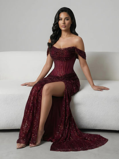 Luxury Silver Diamond Corset Off Shoulder Mermaid Evening Dress LA73410