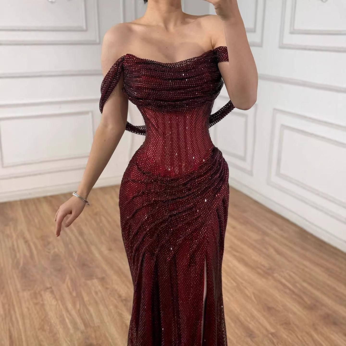 Luxury Silver Diamond Corset Off Shoulder Mermaid Evening Dress LA73410