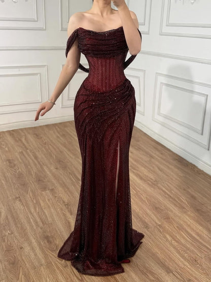 Luxury Silver Diamond Corset Off Shoulder Mermaid Evening Dress LA73410