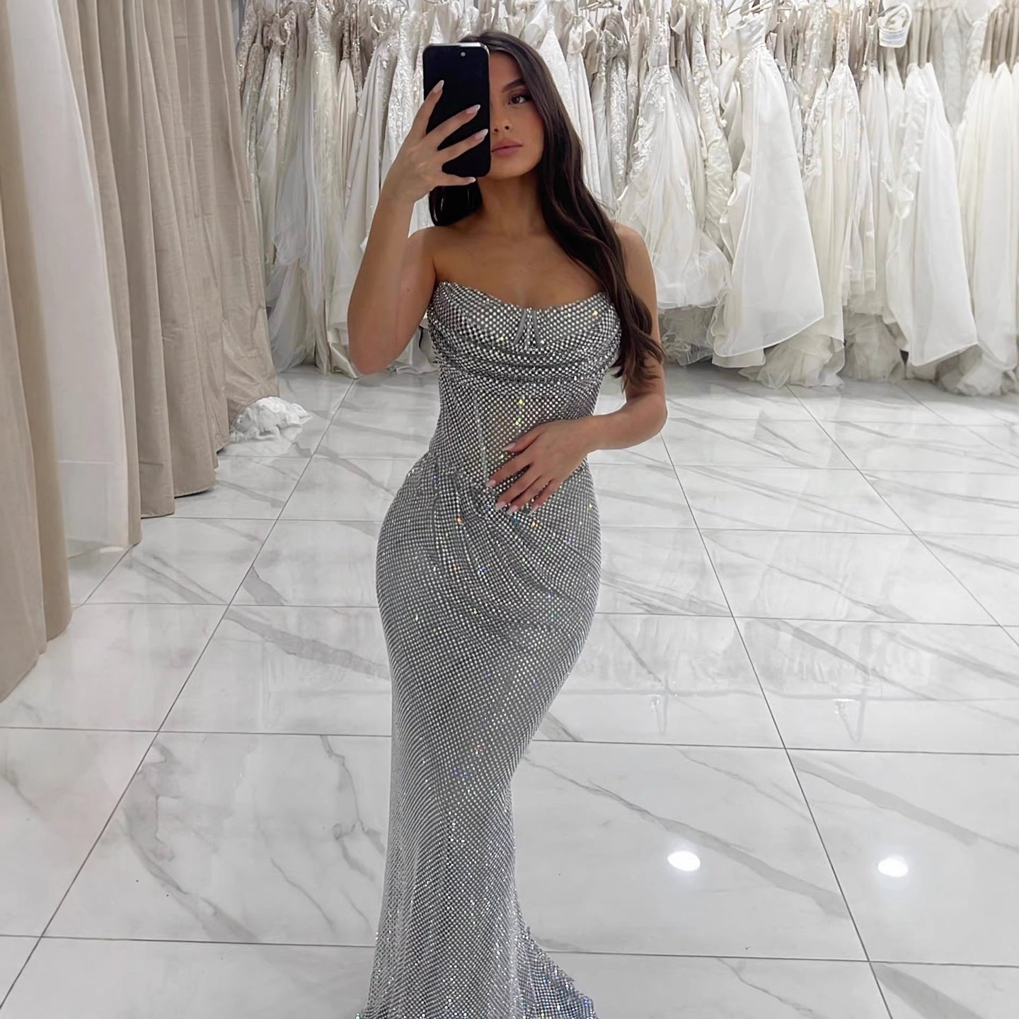 Luxury Silver Beaded Strapless Mermaid Evening Dress LA73410E