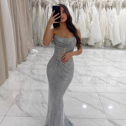 Luxury Silver Beaded Strapless Mermaid Evening Dress LA73410E