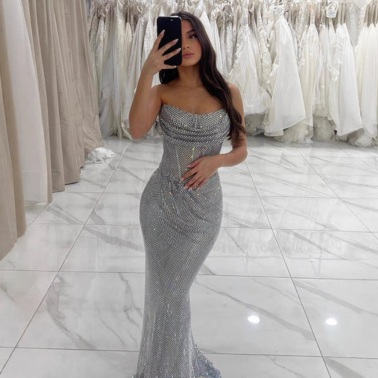 Luxury Silver Beaded Strapless Mermaid Evening Dress LA73410E
