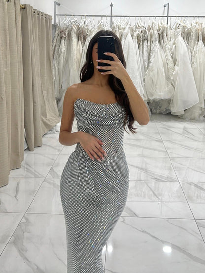 Luxury Silver Beaded Strapless Mermaid Evening Dress LA73410E
