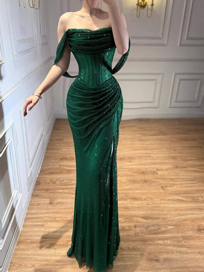 Luxury Green Off Shoulder Corset Mermaid Evening Dress LA73410C
