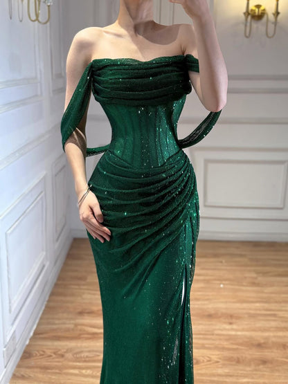 Luxury Green Off Shoulder Corset Mermaid Evening Dress LA73410C